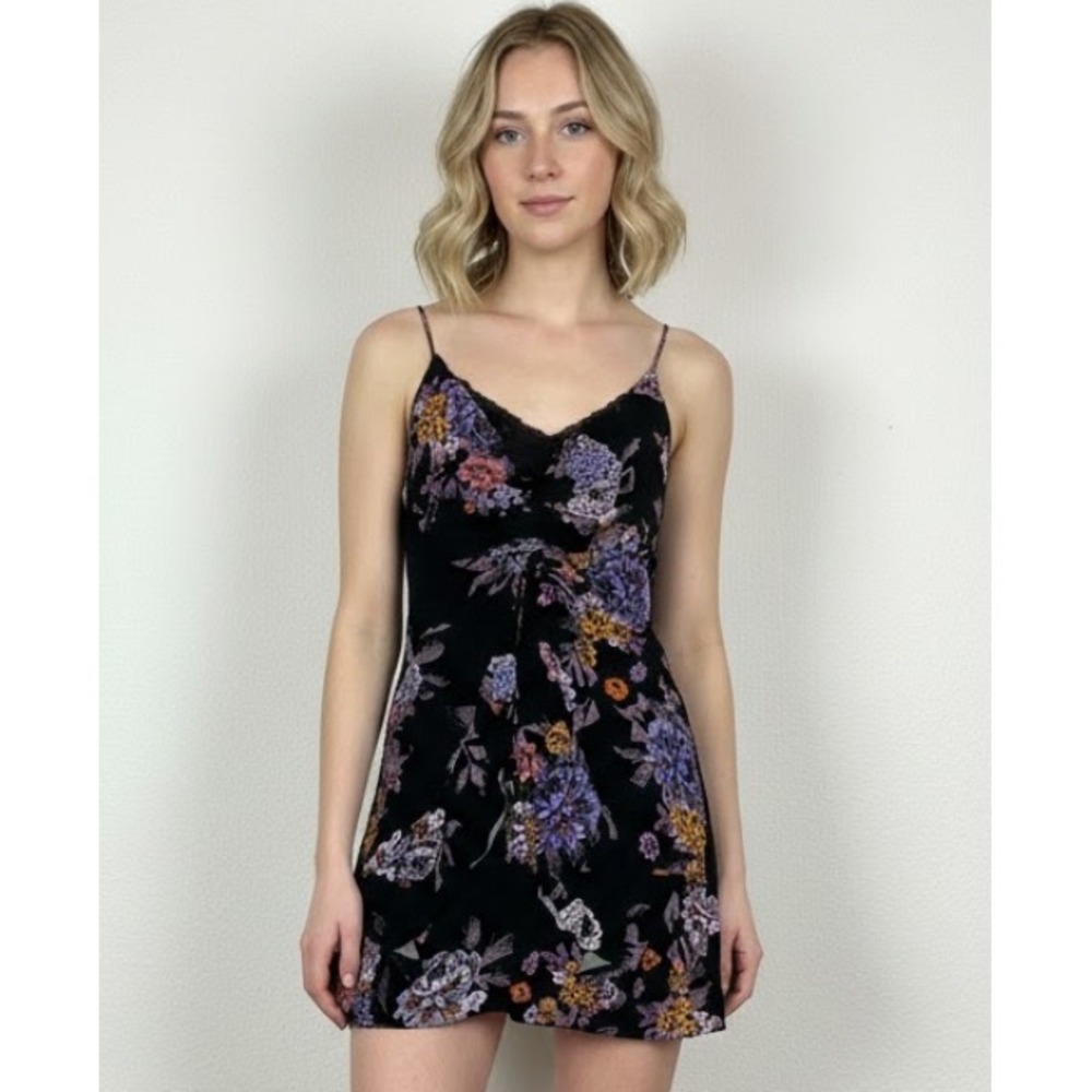 Free‎ People Women's XS Dress Happy Heart Floral Ruched Mini Black Purple Yellow
